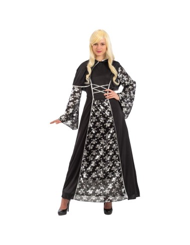 Costume sacerdotessa delle tenebre nero con decorazioni floreali bianche e maniche a campana per Halloween