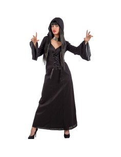 Costume strega nero elegante con cappuccio e maniche larghe per Halloween donna