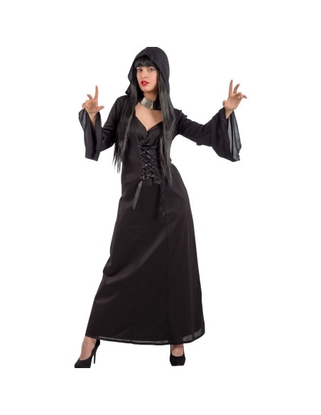 Costume strega nero elegante con cappuccio e maniche larghe per Halloween donna