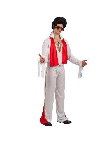Costume Elvis bianco e rosso con camicia a maniche larghe, pantaloni grigi e sciarpa rossa per feste a tema
