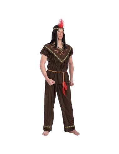 Costume da indiano marrone con tunica decorata, pantaloni e fascia con piuma per feste a tema