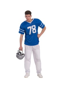 Costume football americano blu numero 78 con casco e pantaloni bianchi per feste
