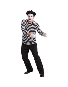 Costume da mimo con maglia a righe bianche nere, pantaloni neri e basco francese per feste a tema