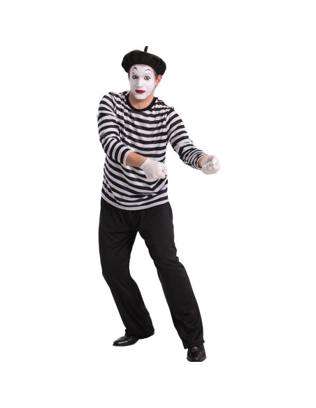 Costume da mimo con maglia a righe bianche nere, pantaloni neri e basco francese per feste a tema