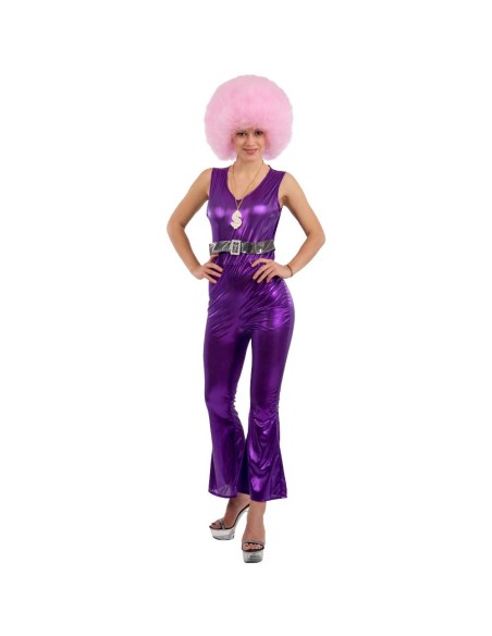 Costume tuta disco dance viola anni 70 con parrucca rosa per feste a tema retro