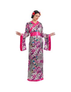 Costume da gheisha con kimono floreale rosa e grigio, obi rosa e fiore tra i capelli per feste orientali