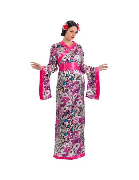 Costume da gheisha con kimono floreale rosa e grigio, obi rosa e fiore tra i capelli per feste orientali