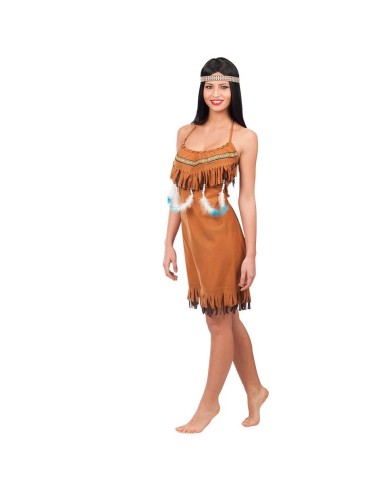 Costume da indiana marrone con frange e fascia con piuma per feste a tema western Halloween