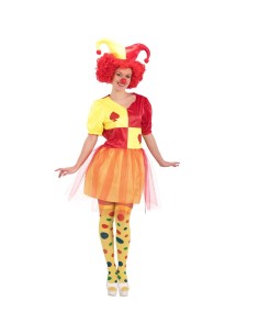 Costume da giullare donna con vestito rosso giallo e gonna arancione in tulle, calze a pois colorate