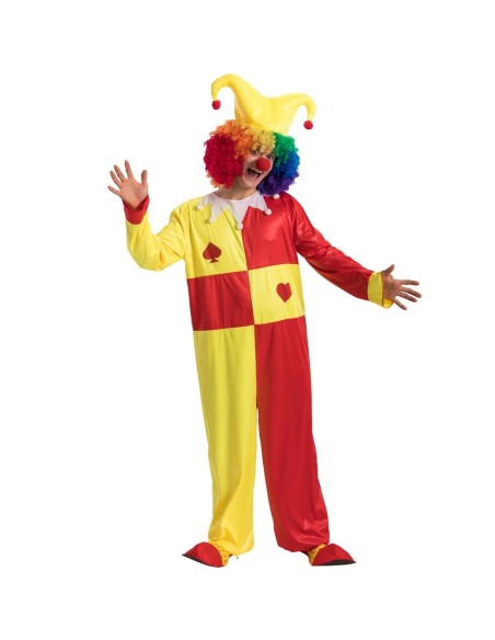 Costume da jolly giullare rosso e giallo con cappello a sonagli e decorazioni a cuori per feste a tema