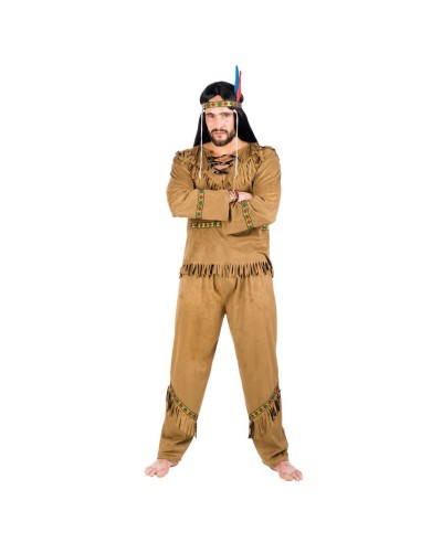 Costume pellerossa uomo marrone con frange tunica pantaloni e fascia con piuma per feste western