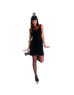 Donna indossa costume charleston nero con frange e fascia con piuma per feste anni 20