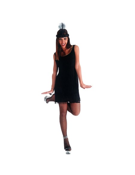 Donna indossa costume charleston nero con frange e fascia con piuma per feste anni 20