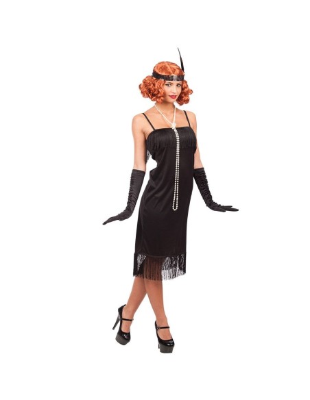 Costume charleston nero con frange anni '20 e fascia per capelli vintage da donna