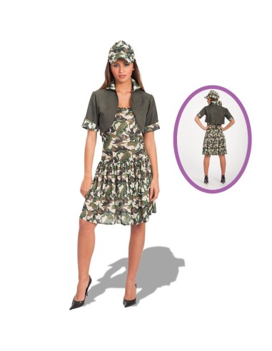 Costume soldatessa donna con divisa militare mimetica, berretto e gonna per feste a tema