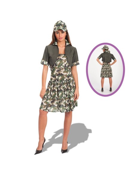 Costume soldatessa donna con divisa militare mimetica, berretto e gonna per feste a tema