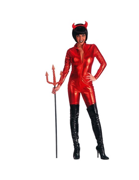 Costume diavolessa rosso con tutina aderente, cornetti e tridente per Halloween