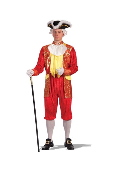 Costume cavaliere rosso con giacca decorata oro, panciotto giallo e pantaloni zuava per feste storiche
