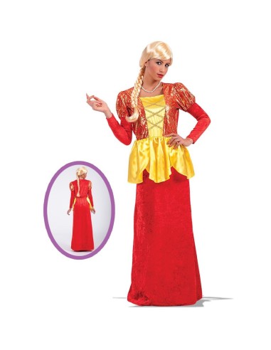 Costume da dama medievale rosso e oro con corpetto giallo e gonna lunga per feste a tema rinascimentali