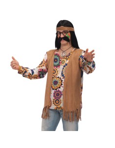 Costume hippie uomo con casacca colorata frange e motivi floreali psichedelici anni 70 pace e amore