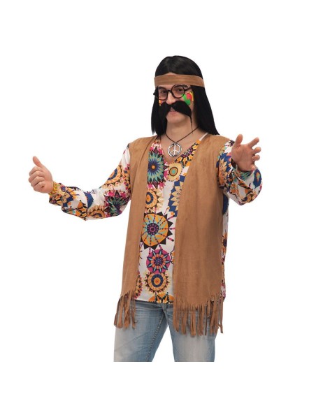 Costume hippie uomo con casacca colorata frange e motivi floreali psichedelici anni 70 pace e amore