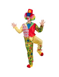 Costume clown multicolore con tutona fantasia, cappello e accessori per feste di Carnevale