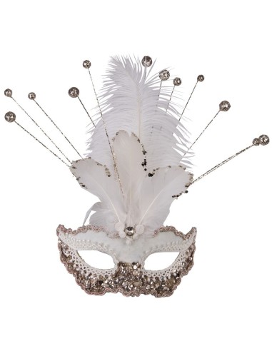 Maschera veneziana bianca con piume e paillettes dorate, raggi decorativi con perline per Carnevale