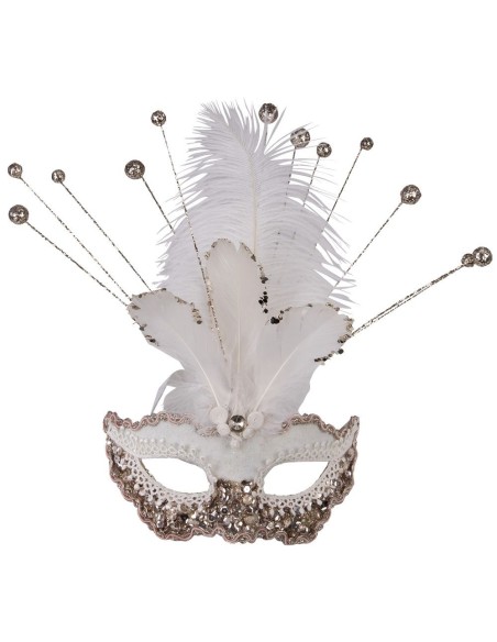 Maschera veneziana bianca con piume e paillettes dorate, raggi decorativi con perline per Carnevale