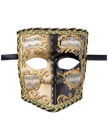 Bautta veneziana bianca e nera con decorazioni musicali dorate e spartiti per Carnevale