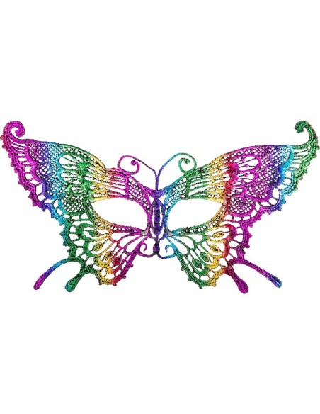 Maschera farfalla multicolor veneziana in tessuto macramé con decorazioni traforate arcobaleno