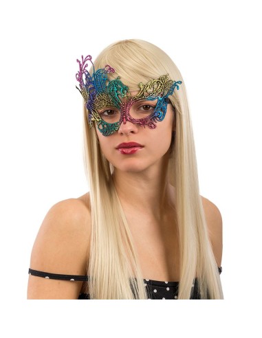 Maschera veneziana multicolor in macramè con decorazioni floreali e colori vivaci per Carnevale