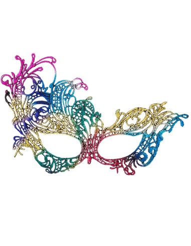 Maschera veneziana multicolor in macramè con decorazioni floreali e colori vivaci per Carnevale