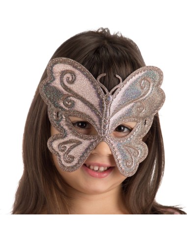 Maschera farfalla bambina tessuto metallizzato rosa argento con elastico decorazioni spirali