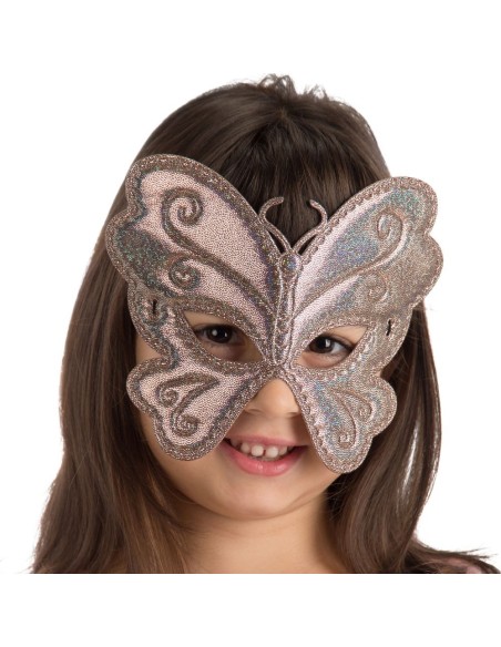 Maschera farfalla bambina tessuto metallizzato rosa argento con elastico decorazioni spirali
