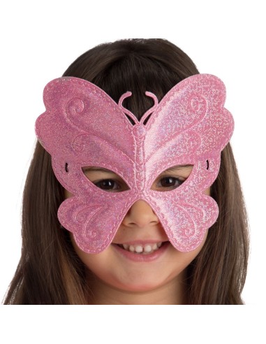 Maschera farfalla bambina tessuto metallizzato rosa argento con elastico decorazioni spirali