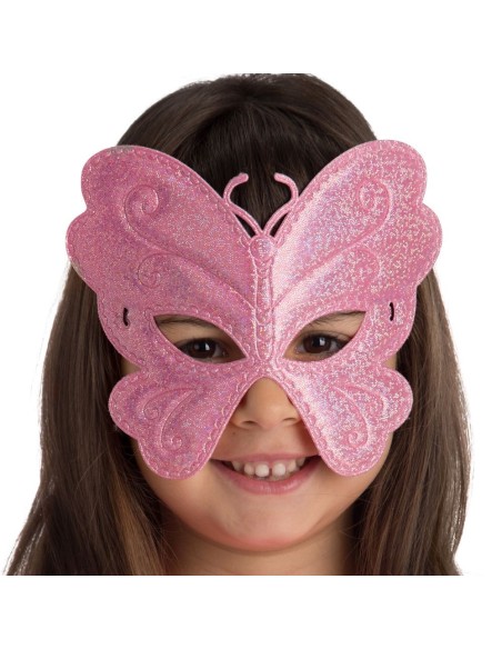 Maschera farfalla bambina tessuto metallizzato rosa argento con elastico decorazioni spirali