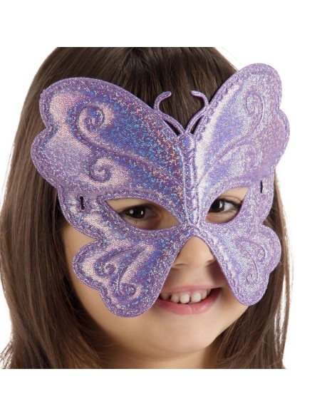 Maschera farfalla bambina tessuto metallizzato rosa argento con elastico decorazioni spirali