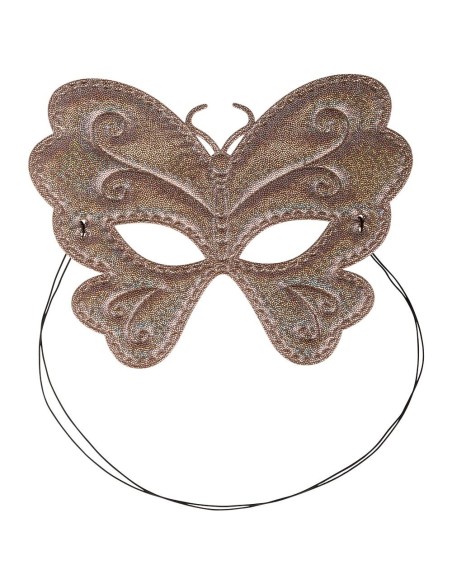 Maschera farfalla bambina tessuto metallizzato rosa argento con elastico decorazioni spirali