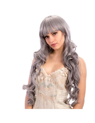 Parrucca grigia lunga mossa con frangia effetto naturale per travestimenti e feste a tema