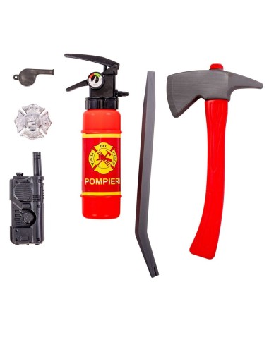 Set pompiere con estintore rosso, accetta, distintivo, fischietto, radio e piede di porco per travestimenti