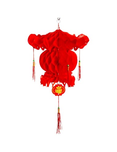 Lanterna cinese rossa decorativa in carta con nappe e dettagli dorati, altezza 45 cm