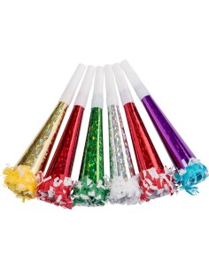 Set 6 trombe metalliche olografiche multicolore con frange per feste Capodanno Carnevale