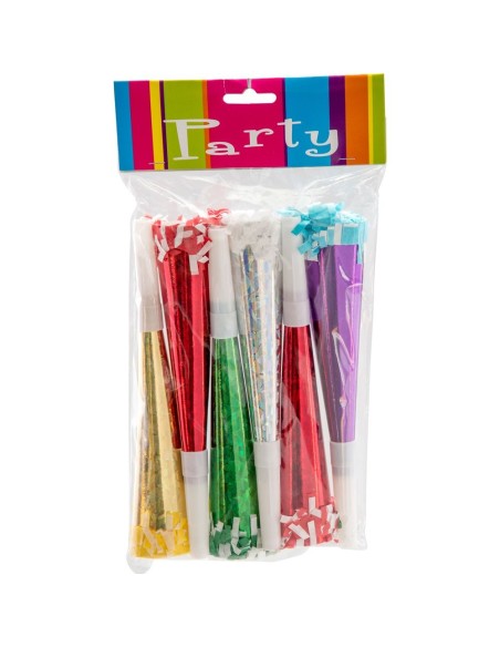Set 6 trombe metalliche olografiche multicolore con frange per feste Capodanno Carnevale