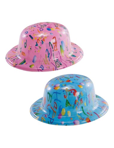 Bombetta plastica HAPPY BIRTHDAY rosa e azzurra con decorazioni colorate per feste compleanno