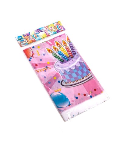Tovaglia rosa buon compleanno con torta decorata e candeline colorate per feste bambini
