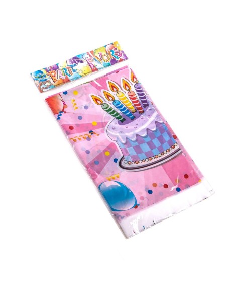Tovaglia rosa buon compleanno con torta decorata e candeline colorate per feste bambini