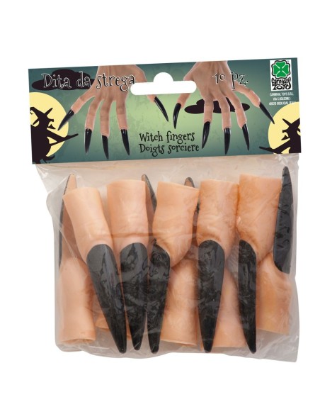 Dita di strega con unghie nere lunghe e affilate accessorio Halloween 10 pezzi