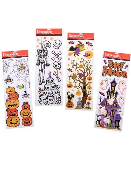 Vetrofanie Halloween assortite con zucche scheletri fantasmi e decorazioni spettrali per finestre