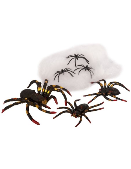 Set Halloween con ragnatela bianca e 6 ragni neri decorativi di varie dimensioni per feste horror
