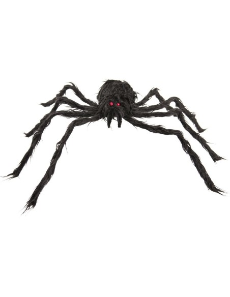 Ragno nero peloso decorativo gigante con zampe articolate e occhi rossi per Halloween diametro 60 cm